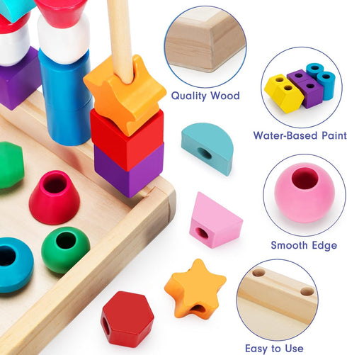 Montessori Wooden Lacing Beads Toys for 2 3 4 Year Old Toddler Kids, Sequencing & Stacking Block Toy with Storage Box, STEM Preschool Learning Toy...