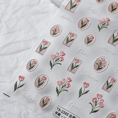 5D Embossed Flower Nail Art Stickers Spring Tulip Nail Decals for Nail Art Decoration, Self Adhesive Pink Tulip Nail Art Supplies Elegant Tulip De...