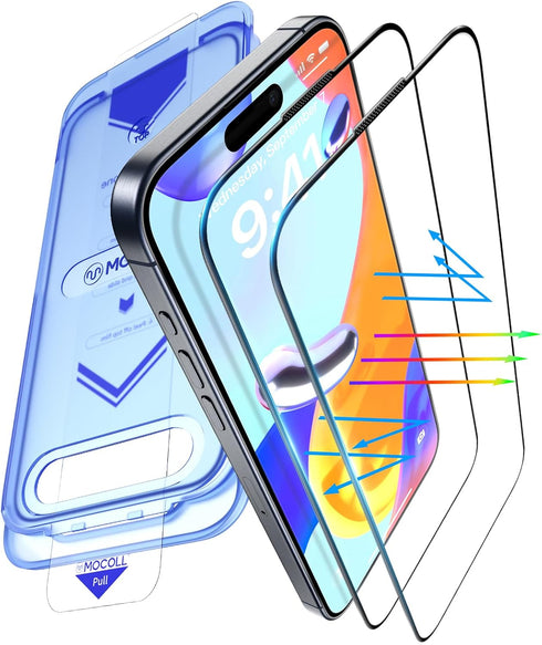 MOCOLL for iPhone 15 Plus Screen Protector Blue light, ?Dust-Free Kit??Speaker Mesh??Military Grade?Reduce Migraine Tempered Glass for iPhone 15 P...