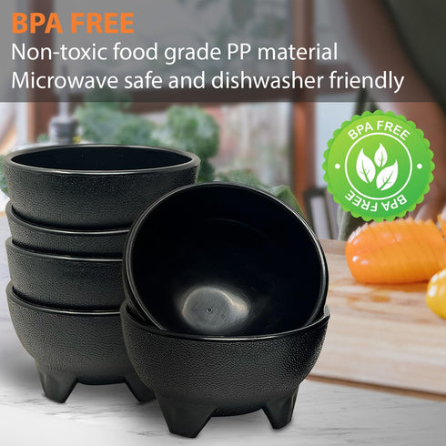 Salsa Bowls – 6 Pack (Black), 13oz BPA FREE Small Bowl Unbreakable Mexican Molcajete Chips Guacamole, Serving Dish, Sauce Cup, Side bowl, Snack, C...