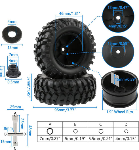 4pcs RC Trailer Tires, 12mm Hex Hard Dish Wheel Rim and Tires with Lock Nuts Washers Wrench for 1/10 Rock Crawler Truck Off Road Racing Car Axial ...