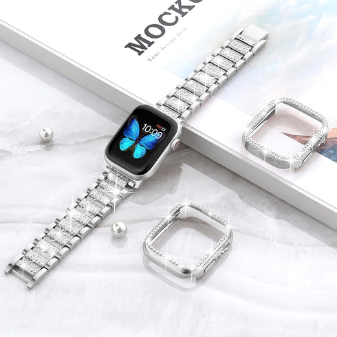 SUPOIX Compatible with Apple Watch Band 41mm + Case, Women Jewelry Bling Diamond Metal Bands & 2 Pack Protective Cover Cases for iWatch Series 9/8...