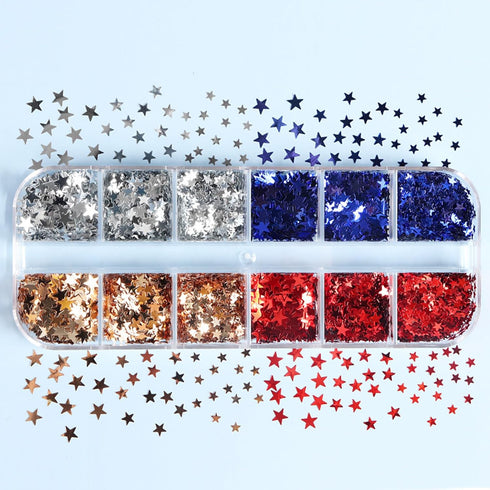 12 Grids 4th of July Nail Art Glitters Sequins 3D Holographic Nail Glitter Flakes Independence Day Nails Sequins Mixed Color Star Nail Flakes Lase...