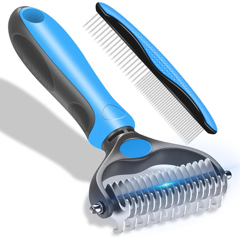 Dog Grooming Brush and Metal Comb, Undercoat Rake for Dogs Grooming Supplies Dematting Deshedding Brush comb for Shedding (Blue)...