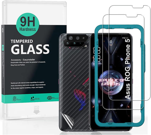 Ibywind Screen Protector For Rog phone 5/5 Pro/5 Ultimate,with 2Pcs Tempered Glass,1Pc Camera Lens Protector,1Pc Backing Carbon Fiber Film [Finger...