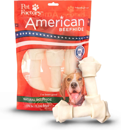 Pet Factory American Beefhide 6-7" Knotted Bones Dog Chew Treats - Natural Flavor, 3 Count/1 Pack...