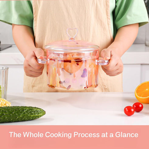 1.5L/51oz/6cups, Pink Glass Pots for Cooking on Stove, Glass Pot, Glass Pots for Cooking, Glass Cooking Pot, Glass Saucepan, Heat Resistant, Simme...