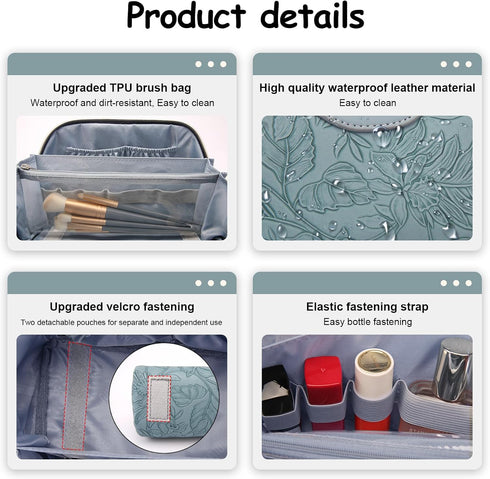 Travel Makeup Bags Cosmetic Organizer Bag: 3-Set Large Capacity Make up Bag - PU Leather Toiletry Bag for Women - Wide Open Portable Pouch with Di...