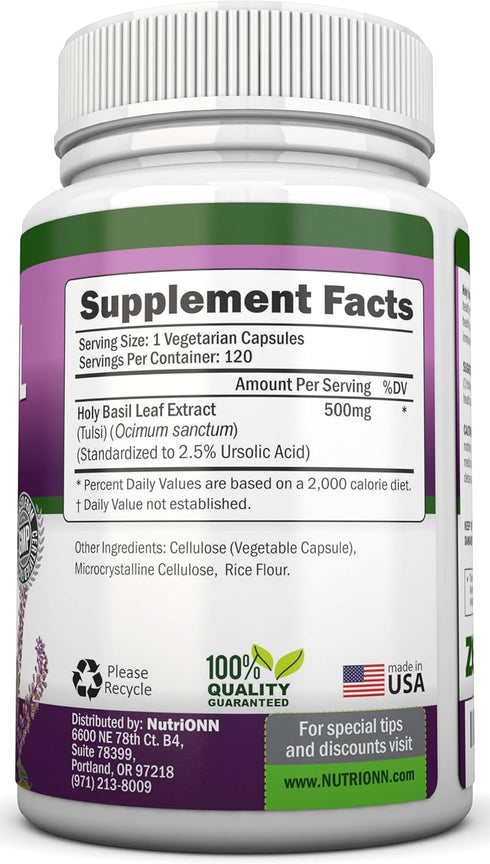 Holy Basil Leaf Capsules - 500mg - 2.5% Ursolic Acid - 120 Vegan Capsules - Real Tulsi Extract Supplement - Positive Mindset - Adaptogenic & Ayurv...