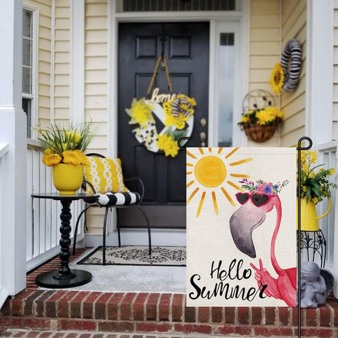 Hello Summer Flamingo Small Garden Flag Burlap Vertical Double Sided 12x18 Inch, Farmhouse Holiday Floral Beach Yard Outdoor Decor DF490...