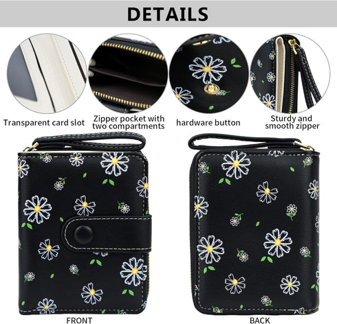 Cute Wallet Women Black Small Wallets Coin Purse Minimalist Flower Design Women's Travel Wallets Leather Credit Card Holder with ID Window Kawaii ...