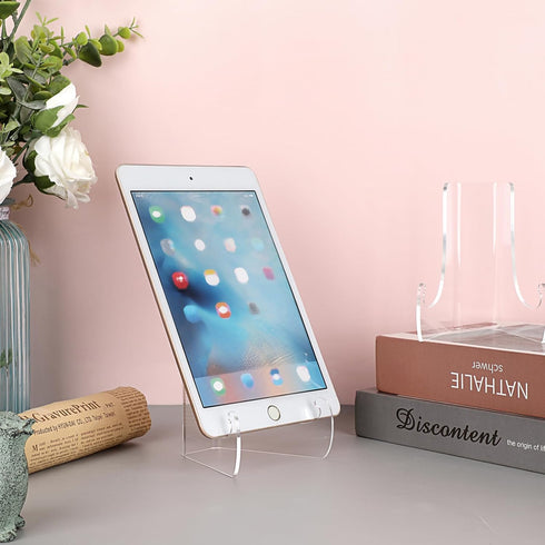 Hipiwe 6 Packs Acrylic Easel Stand Flat Plate Stand Clear Acrylic Display Easel Stand for Picture Frame Table Card Holder for Wedding Birthday Hom...
