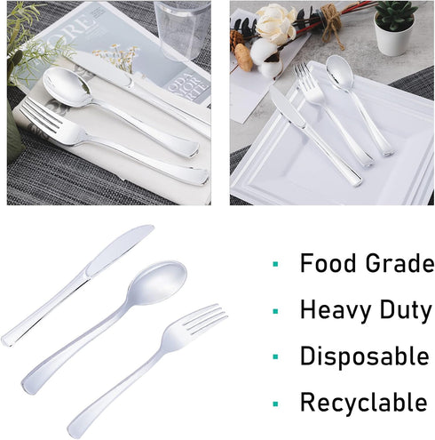 N9R 200pcs Plastic Silverware Set, Silver Plastic Cutlery Including 100pcs Forks, 50pcs Spoons, 50pcs Knives, Disposable Silverware for Party/Ever...
