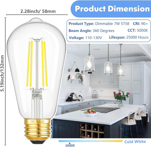6-Pack Dimmable LED Light Bulbs, 7W 60Watt Equivalent Edison Bulbs, 900LM Ultra Bright LED Bulbs, 5000K Daylight White, ST58 Vintage Antique Bulbs...