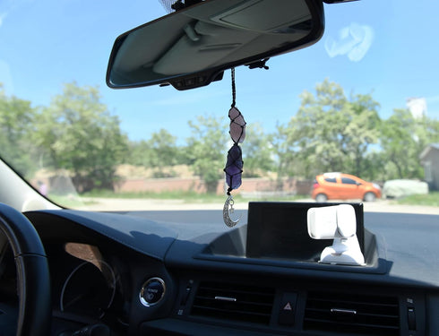 BOHO GARDEN Hanging Car Charm - 2-Pack Rose Quartz & Amethyst + Black Tourmaline & Blue Calcite - Dangling Moon & Healing Crystal Accessories, Rea...