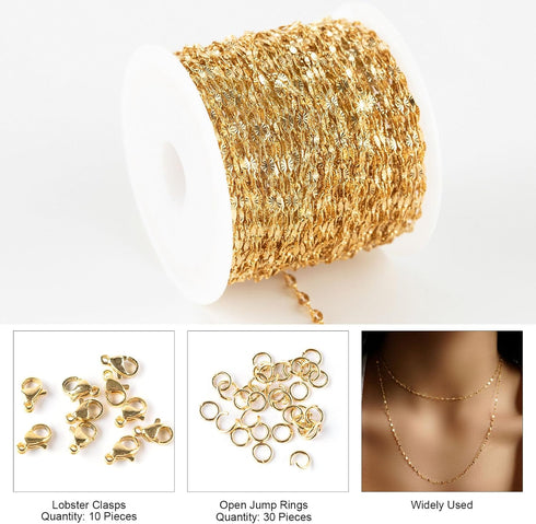 Kyutong 32.8 Feet Gold Plated Stainless Steel Chain for Jewelry Making Thin Embossed Lip Chain Link Necklace Making Supplies with Lobster Clasps J...
