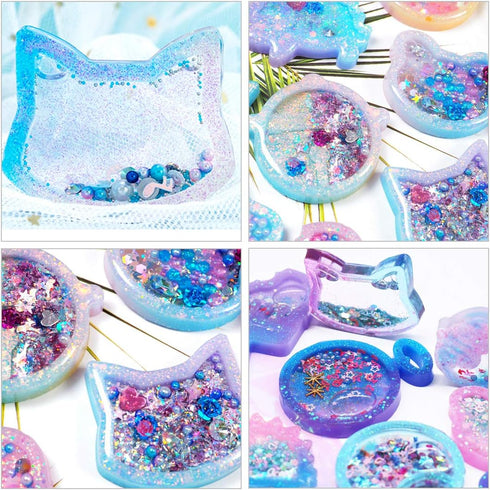 FineInno 11Pcs Quicksand Resin Casting Molds,Resin Art Shaker Mold, Crystal Silicone Hollow Mould Epoxy Pendant Mold Heart, Star, Moon,Bottle,Cat ...