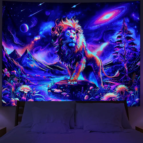 Blacklight Lion Tapestry Trippy Galaxy Space Tapestry UV Reactive Mountain Tapestry Hippie Neon Flowers Plants Wall Tapestry Magic River Landscape...