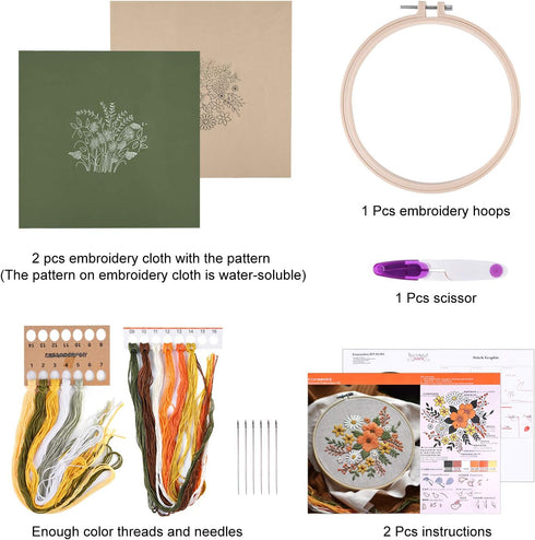 FEPITO 2 Sets Full Range Embroidery Starter Kit with Pattern and Instructions Cross Stitch Kit Includes 2 Pcs Embroidery Clothes with Floral Patte...