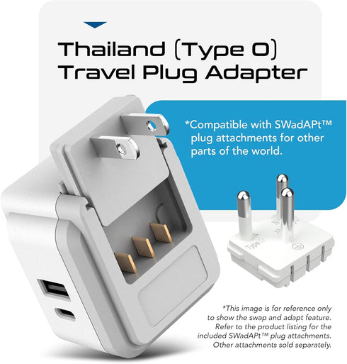 Ceptics Thailand Travel Adapter Set, 20W PD & QC, Type O - 3.1A - 4 in 1-2 USA Inputs, 1 USB Port, 1 USB-C Port - Compact, Powerful - includes Typ...