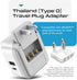 Ceptics Thailand Travel Adapter Set, 20W PD & QC, Type O - 3.1A - 4 in 1-2 USA Inputs, 1 USB Port, 1 USB-C Port - Compact, Powerful - includes Typ...