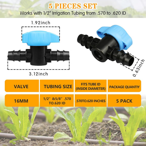 5 Pack 1/2 Inch Drip Irrigation Valve: 1/2 in. in-Line Shut Off Valves for 1/2 Inch Drip Irrigation Tubing (.570-.620" ID) Barbed Cut Off Switch V...