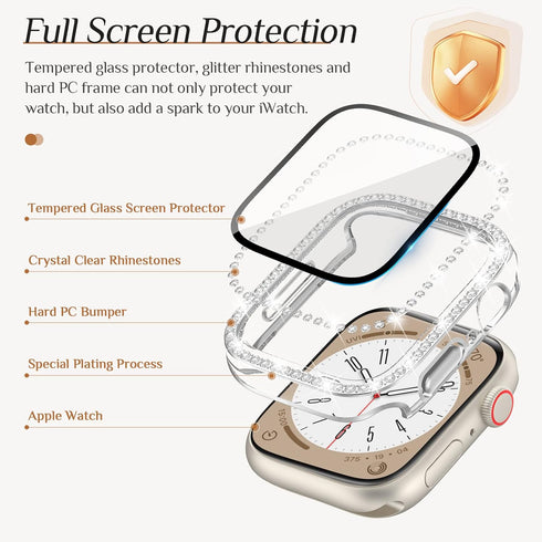 Goton 2 Pack Bling Screen Protector Case for Apple Watch Series 9 8 7 41mm with Tempered Glass, Women Glitter Diamond Rhinestone Full Protective B...