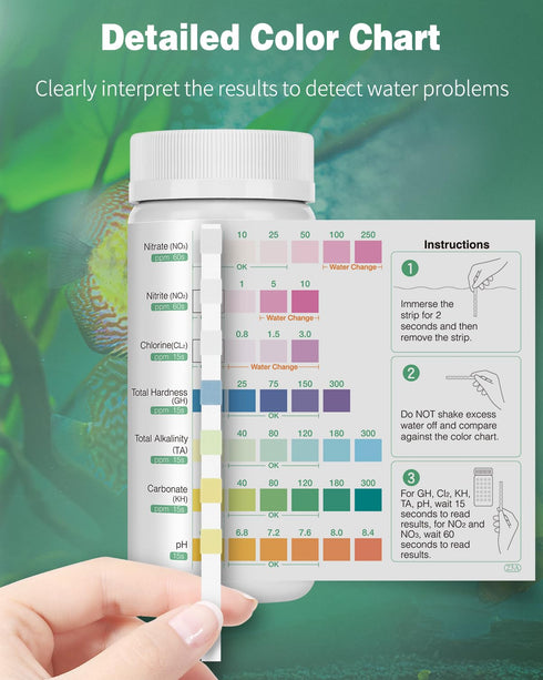 Pawfly 7 in 1 Aquarium Test Strips, 100 Strips Fish Tank Testing Strips for pH Chlorine Nitrate Nitrite Carbonate Hardness Total Alkalinity Water ...