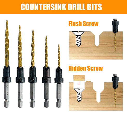 9Pcs Wood Countersink Drill Bit Set, Titanium Tapered Drill Bits and Wood Plug Cutter, Countersink Chamfer Drilling Tool for Woodworking and Carpe...