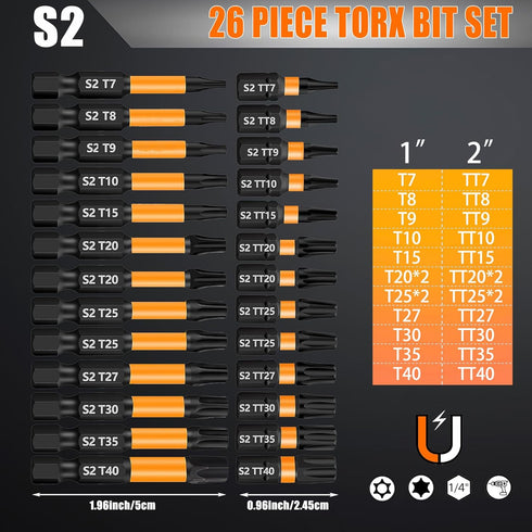 Torx screwdriver set 26pcs(T7-T40 TT7-TT40) security torx bit set,tamper proof torx bit set,1/4 hex bit set,Two size options with and without hole...