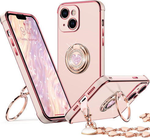 XYZ for iPhone 14 Case with Stand, Phone Case with Double Ring Kickstand, Women Girls Bling Luxury Protective Case Heart for iPhone 14, Pink...
