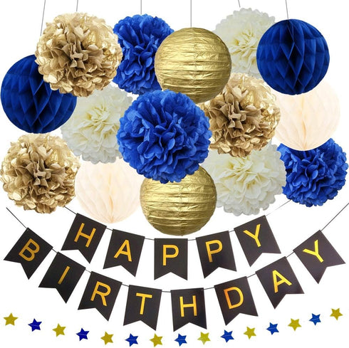 InBy 17pcs Navy Blue and Gold Party Decoration Kit for Baby Boy Shower Men Women Birthday Decoration Happy Birthday Banner 12" 10" 8" Tissue Paper...