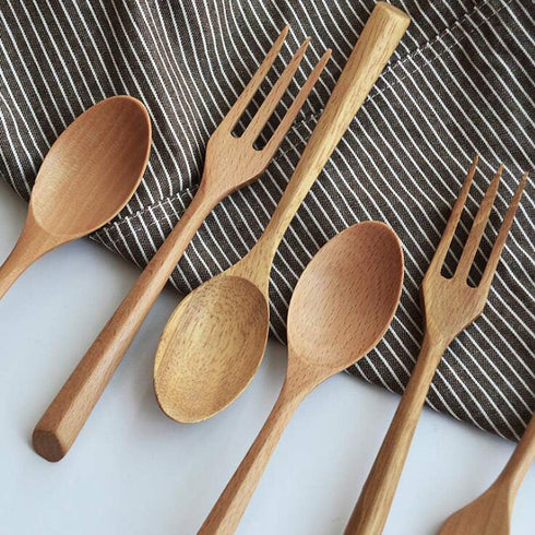 Kyien 6Pcs Wood Soup Spoons And Forks Sets Natural Wood Eating Utensils Wooden Flatware Set?Eco Friendly Wood Cutlery Wooden Dinner Fork And Spoon...