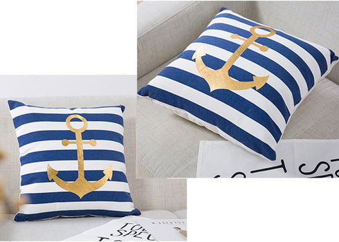 Nautical Decorative Pillow Cover, Stripes and Gold Anchor Pattern 18X18 (Navy Stripes)...