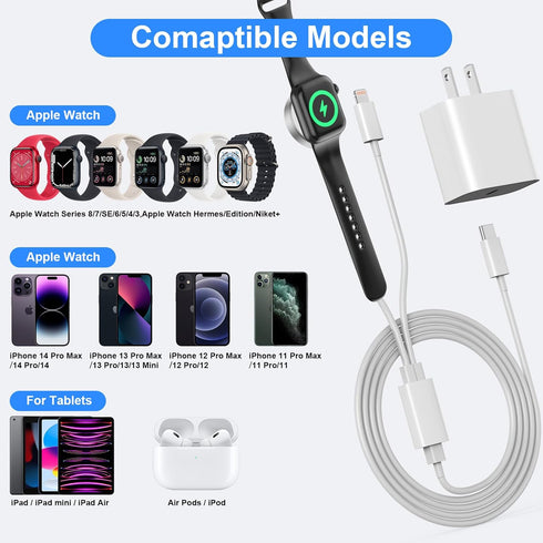 Improved USB-C Charger for i Watch, 2-in-1 iPhone and iWatch Magnetic Fast Charging Cable with USB-C Wall Charger, Compatible with i Watch Series ...