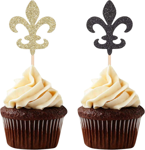 Black and Gold Fleur De Lis Cupcake Toppers French Party Birthday Picks Decorations - 24 Counts...