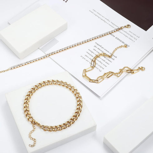 HANPABUM 3-4 PCS Stainless Steel Chain Anklet for Women Dainty Boho Tennis Ankle Bracelets Set Layered Link Paperclip Chain Anklet Adjustable Summ...