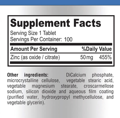 Zinc Citrate/Oxide 50mg - Immune Support & Antioxidant Supplement, Skin Health Support - 100 Tablets...