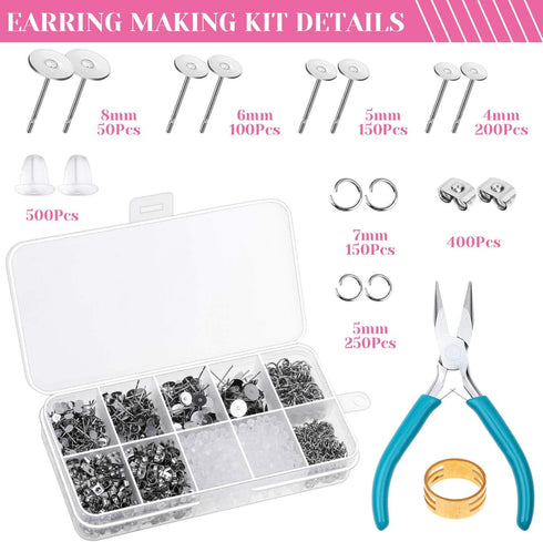 Caffox Hypoallergenic Earring Posts and Backs, 1800pcs Stainless Steel Stud Earring Kit with Earring Base Studs, Earring Backs and Jump Rings for ...