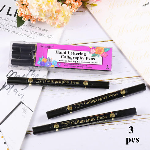 Dual Brush Calligraphy Pens Black Hand Lettering Pens for Beginners Writing, Art Drawing, Sketching, Illustration, Scrapbooking, Journaling, Doubl...