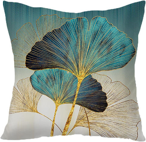 Throw Pillow Cover Green Plant Leaves - 18 x 18 Inch Teal Pillow Cushion Cover - Set of 2 Turquoise Ginkgo Leaf Cushion Case, Great for Sofa, Bedr...