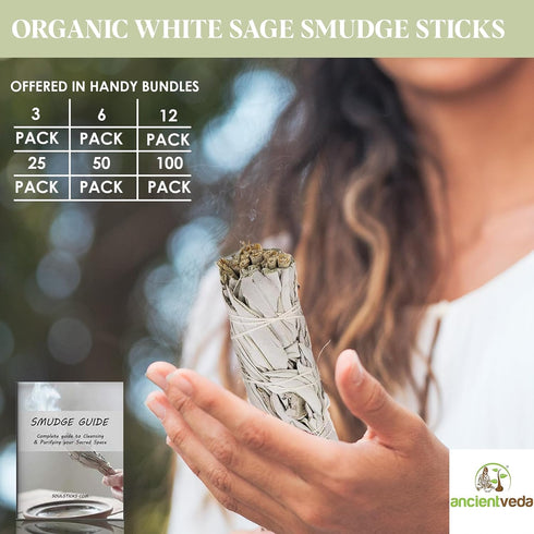 Ancient VEDA 4 Inch White Sage Smudge Sticks Bulk with Starter Guide (6 Pack) Smudge Sticks Sage for Cleansing House | White Sage for Smudging and...