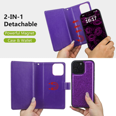 Varikke for iPhone 13 Pro Max Wallet Case Detachable with Card Holder for Women, Fashion Glitter Leather Strap Magnetic Flip Wallet Removable Phon...