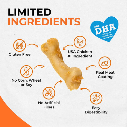 Canine Naturals IrresistiBONES Long Lasting Puppy Chicken and Rice Chew - Made with USA Chicken - All Natural - Added DHA for Healthy Growth - 6 P...