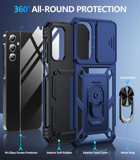 BaHaHoues for Samsung Galaxy A15 5G Case with Screen Protector & Slide Camera Lens Cover,Built-in 360°Rotate Magnetic Ring Stand Shockproof Protec...