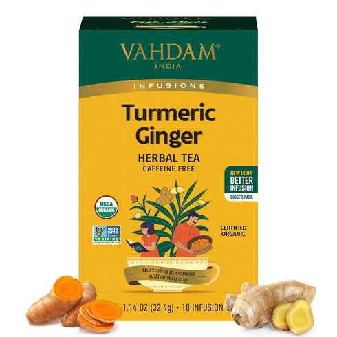 VAHDAM, Organic Turmeric Ginger Herbal Tea Bags (18 Count) Caffeine Free, Gluten Free | 100% Pure Herbal Blend - Earthy & Savory | Eco-Friendly In...