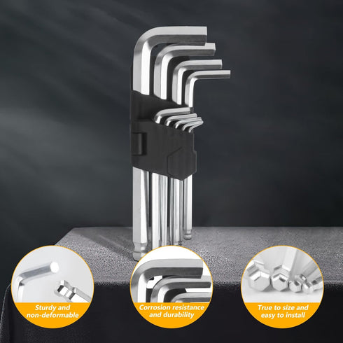 9 Pcs Hex Key Set, L Shape Metric, High Hardness, Harden CRV Steel, Size 1.5-10mm/1/16 to 3/8 Inch, Ball End Hex Allen Key Wrench Kit...