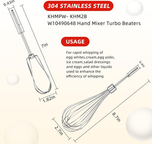Fetechmate KHM2B W10490648 Hand Mixer Turbo Beaters (2 Pack) & KHMPW Stainless Steel Pro Whisk(2 Pack)-Replace AP5644233, PS4082859, KHM2B, KHM512...