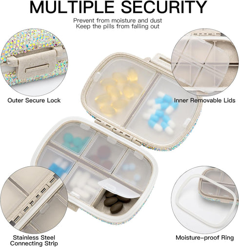 Soleebee Portable 8 Compartments Daily Pill Organizer, Bling Crystal Diamond Pill Box, Small Travel Pill Case, Pill Dispenser, Medicine Container ...