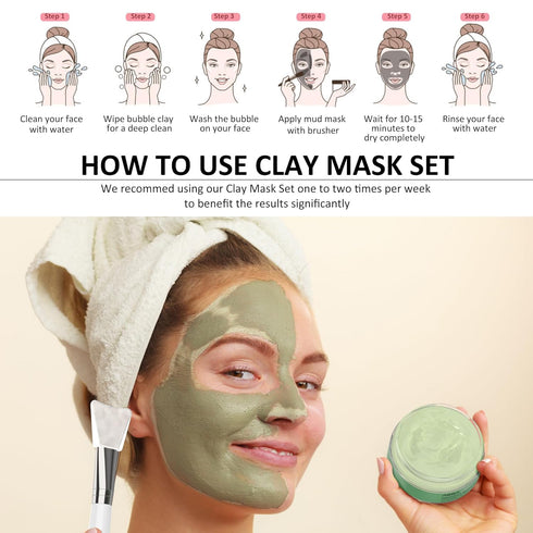 Ashlyn 3 PCS Clay Mask Set, Green Tea Clay Facial Mask, Rose Face Masks Skincare, Dead Sea Bubble Deep Cleanse Mask, Organic Facial Masks for Wome...